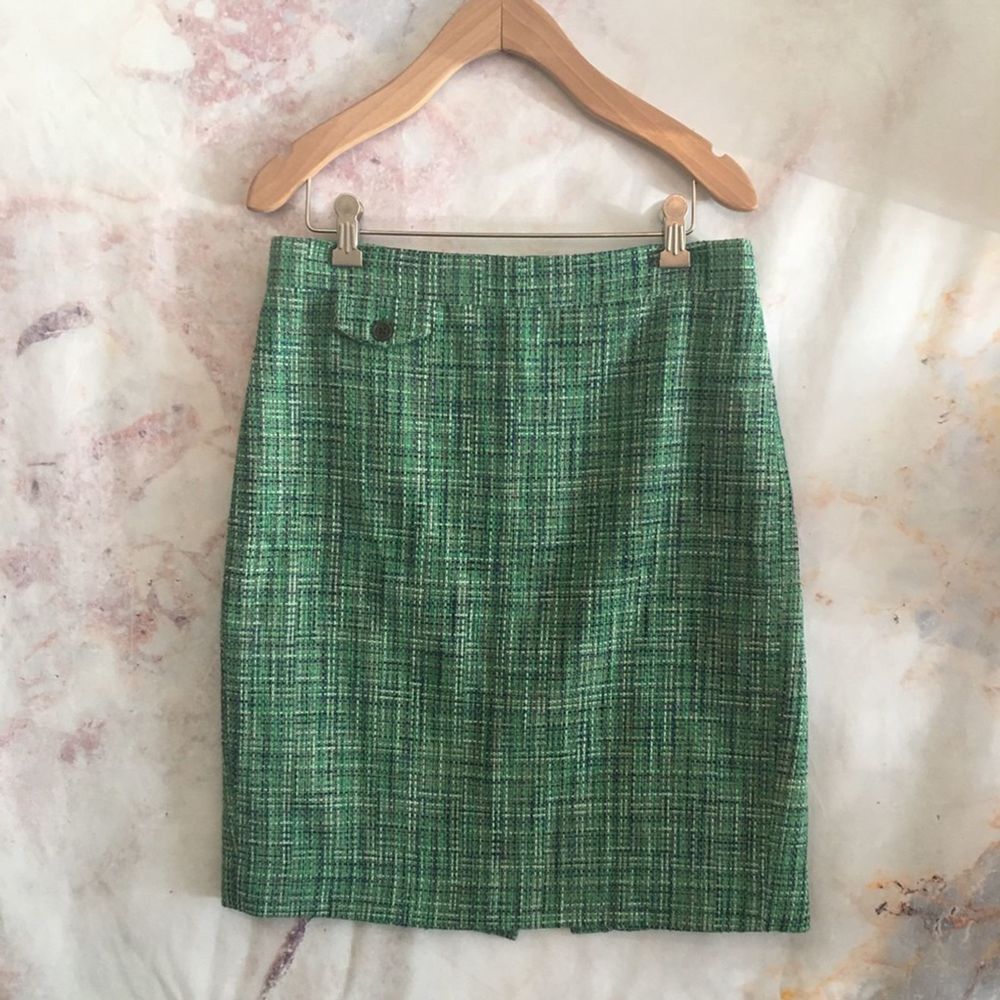 J. Crew Green Tweed Pencil Skirt